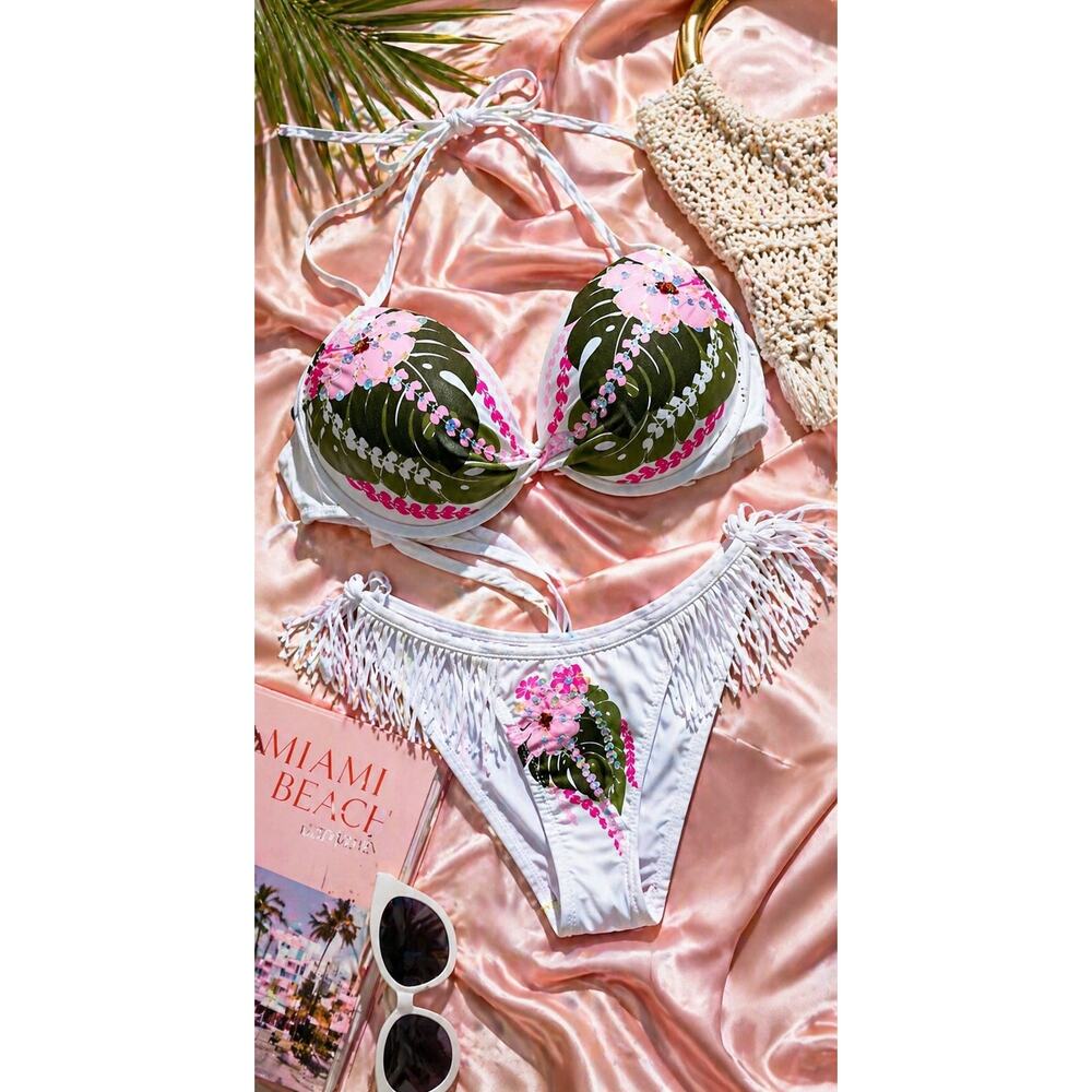 NWT White Fringe Bikini L Pink Floral Sequin 2PC Resort Beach Pool Vacation